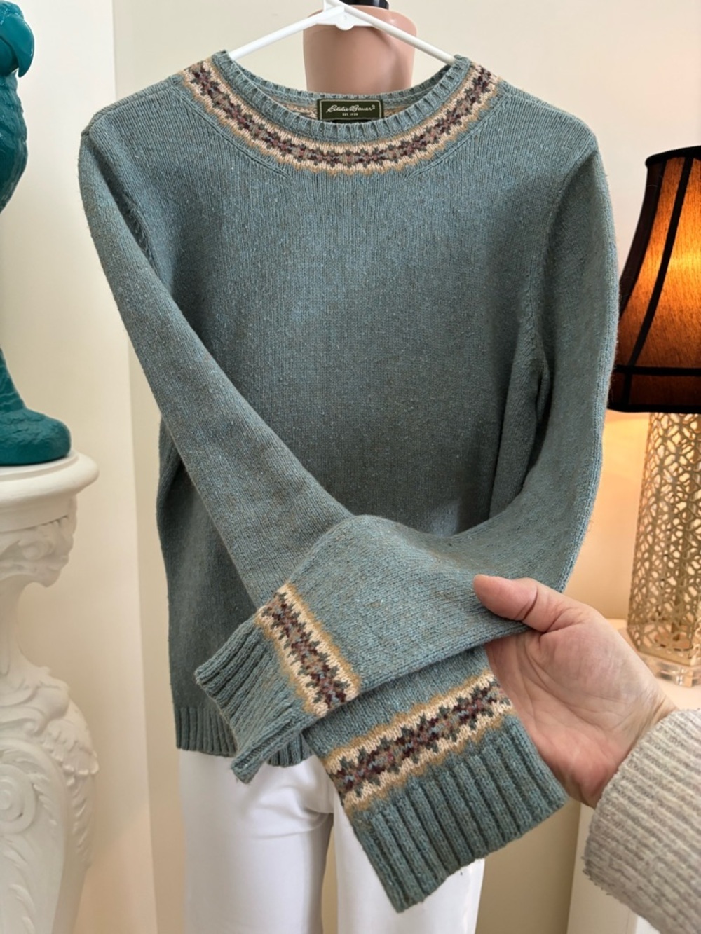 Vintage Eddie Bauer Teal Crewneck Sweater with Fair Isle Trim - Picture 5 of 10